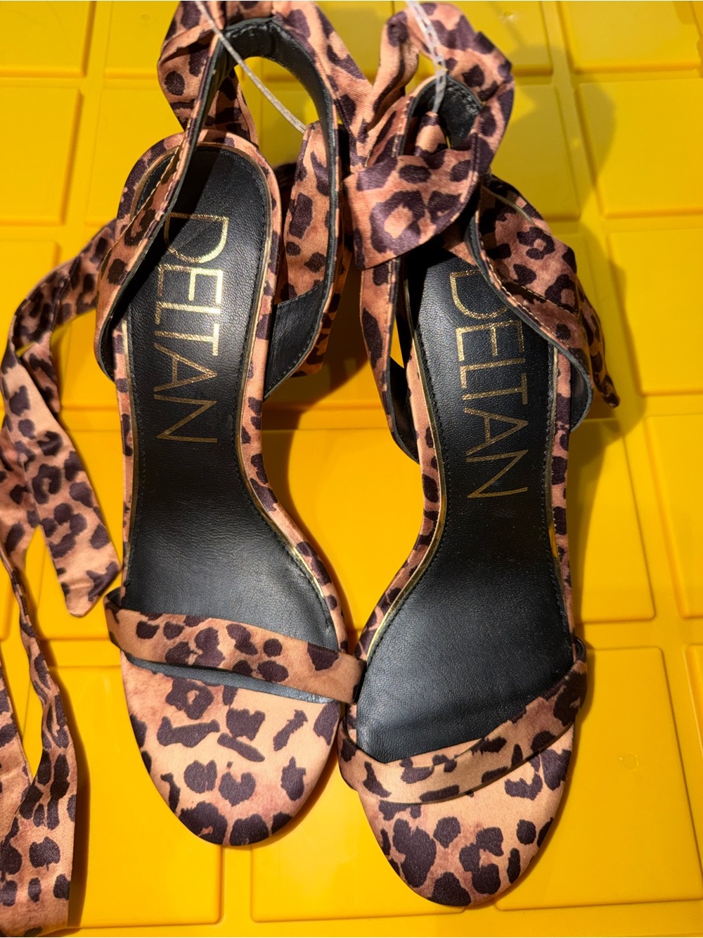 DELTAN Leopard Print Ankle Tie Heels - Brown and Black